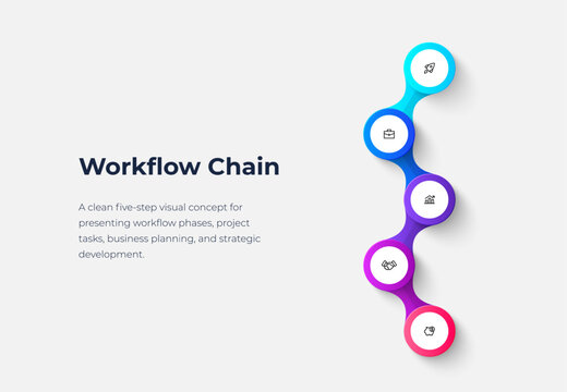 Five Step Vertical Circle Chain Infographic for Workflow Phases, Project Tasks and Process Development