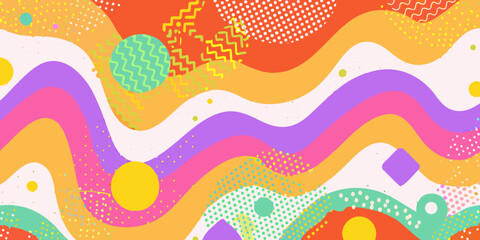 Fototapeta premium Abstract Memphis style vector background with colorful wavy shapes and dots