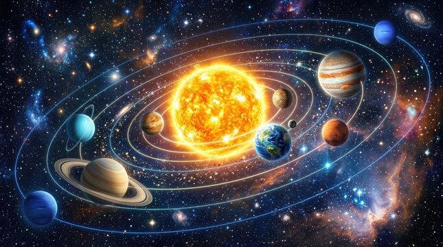 Solarsystem Planets Orbiting a Luminous Sun in Cosmic Space Illustration