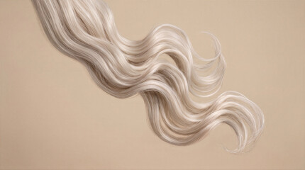 Fototapeta premium A wavy strand of light blonde hair extensions against a neutral background.