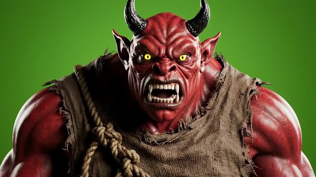 A menacing red devil monster with sharp horns and yellow eyes against green screen
