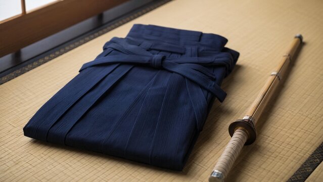 A neatly folded deep blue hakama and bamboo sword on tatami mat flooring.