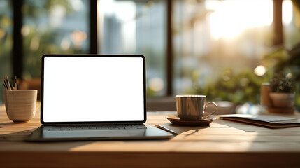 Fototapeta premium modern laptop with blank screen on wooden desk in sunlit home office workspace