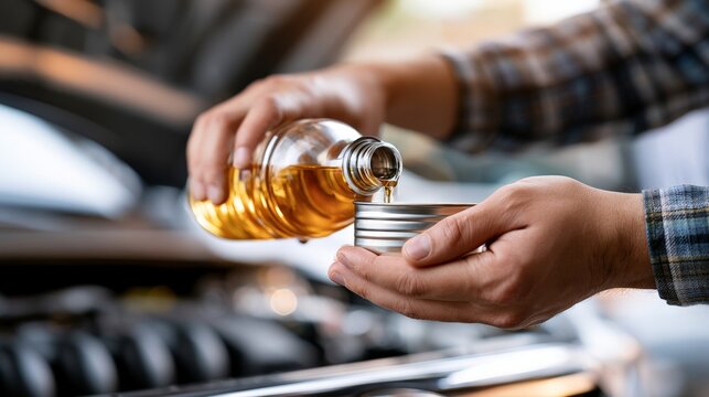 Car owner checks engine oil level while pouring oil into container during routine maintenance in garage