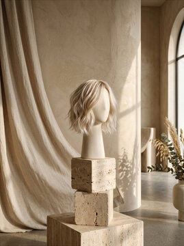 A wig displayed on a mannequin head atop stone blocks in a modern interior setting.