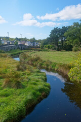 Fototapeta premium A tranquil river winds through lush green banks and fields, leading to an ancient stone arch bridge with houses of a village visible in the distance on a clear, sunny summer day.