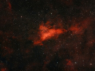This image shows a red nebula with many stars in the vastness of space. © Oleksii