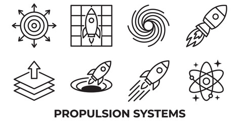 Collection of line art icons representing propulsion systems and space exploration concepts on transparent background © Mst Zakia