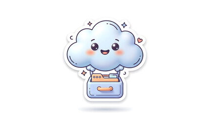 Fototapeta premium Cute cloud character, smiling cloud icon, cartoon cloud with bag, happy cloud symbol