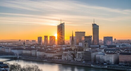 Fototapeta premium Modern City Skyline Glowing at Sunrise Beside Calm River