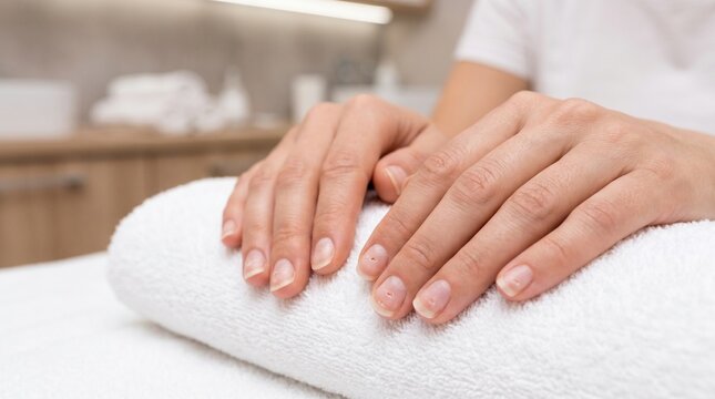 Close Up Fingernails With Nail Psoriasis Symptoms, Pitting and Lifting Diagnosis Close Up, Skin Condition Affected Areas In Spa Setting, Dermatology Assessment For Nails