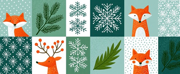 Obraz premium Festive winter scene featuring playful foxes, snowflakes, and fir branches in bright, cheerful colors.