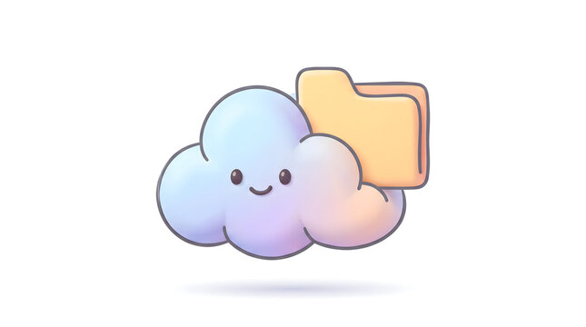 Cute cloud icon with smiling face, colorful pastel design, file folder symbol, cartoon style graphics