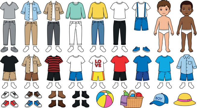 Paper Doll Boy Dress Up Vector Set with Diverse Male Characters and Various Clothes, Shoes, and Summer Accessories for Children Activity Sheets