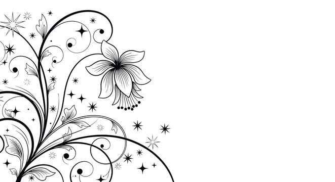 Elegant floral corner with artistic black swirling branches blossoms and shining star elements over a clean white background.