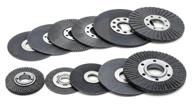 Set of assorted abrasive grinding flap discs for metal workshop polishing.