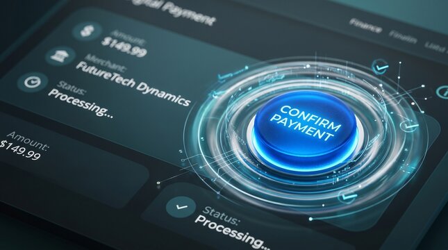 Futuristic digital payment interface with confirm button