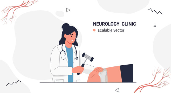 Neurologist examining patient's knee reflex with reflex hammer, modern vector illustration
