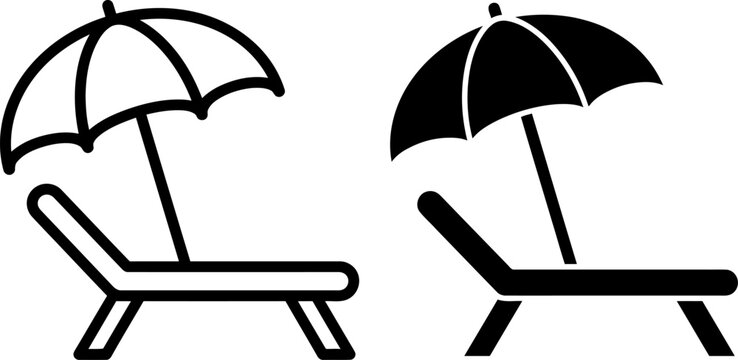 Two beach chairs with umbrellas in black and white colors side by side