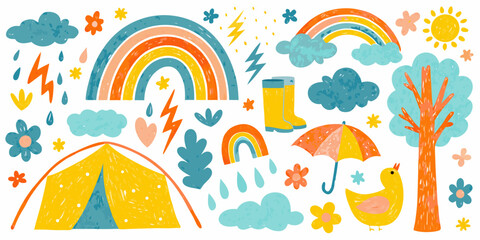 Rainy weather doodle vector set with rainbows clouds and a tent © Nasir