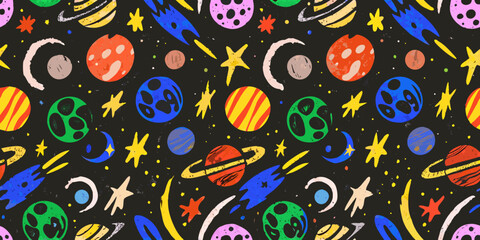 Naklejka premium Colorful space pattern with planets stars and rings vector illustration