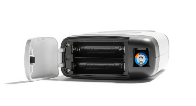 Close-up detail of an open battery compartment in an electronic medical device showing terminals and battery slots