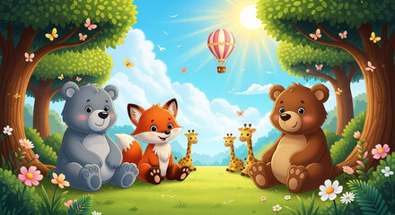 Obraz premium Cartoon animals gather in a sunny meadow, with butterflies, birds, and a hot air balloon, symbolizing childhood joy, friendship, and adventure