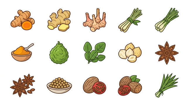 Collection of Fresh Asian Spices and Herbs Ingredients.