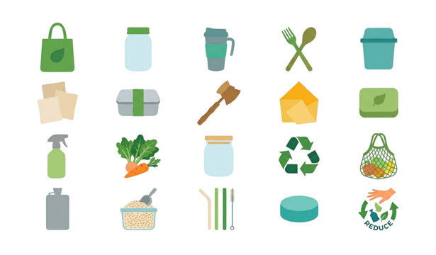 Zero Waste Lifestyle Icons Collection with Eco Products and Sustainable Living Elements