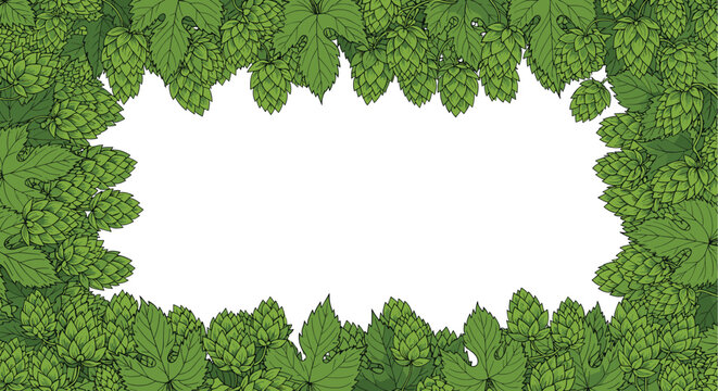 Lush green rectangular frame border made of highly detailed hop cones and leaves over a blank white background.