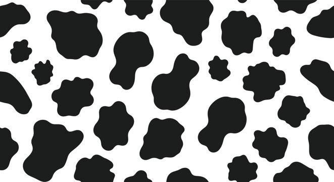 Seamless black and white cow print texture pattern for funny design, textile fabrics, or wrapping paper backgrounds.