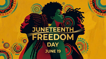 Fototapeta premium Juneteenth Freedom Day graphic featuring profiles of three individuals with African-inspired patterns, symbolizing heritage and liberation