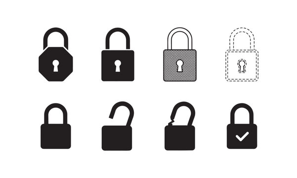 Lock status icons collection showing open closed broken and verified states for security.