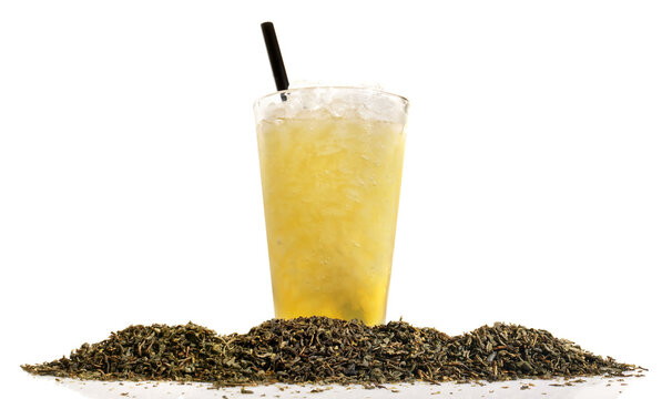 Food and Health - Green Ice Tea isolated on white Background - Panorama