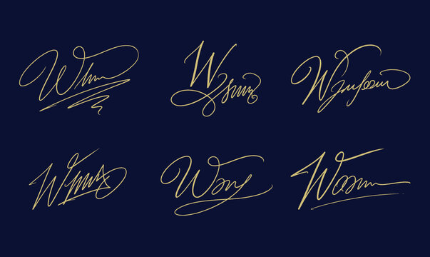 Vector set of elegant golden signatures and autographs starting with the initial letter W on a dark blue background.