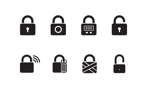 Modern smart lock icons including digital combination wireless and chain security symbols.