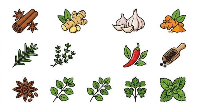 Collection of Fresh Herbs and Spices for Cooking.