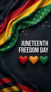 Red, gold, and green flag waves over starry dark background with three hearts, symbolizing Juneteenth freedom and heritage