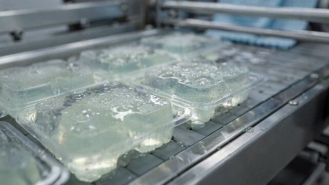 Closeup of gel block odor neutralizers being packaged on conveyor belt showcasing product preparation for use in building odor management.