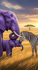 Obraz premium Purple elephants and zebra embrace in a golden savanna sunset, symbolizing interspecies harmony and maternal love, perfect for nature or wildlife themes