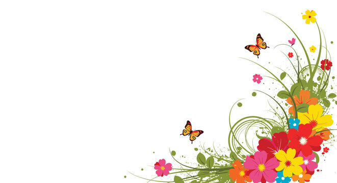 Colorful spring floral corner design with vibrant wildflowers and flying butterflies on a clean white background.