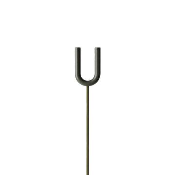 A metallic tuning fork stands against a plain background