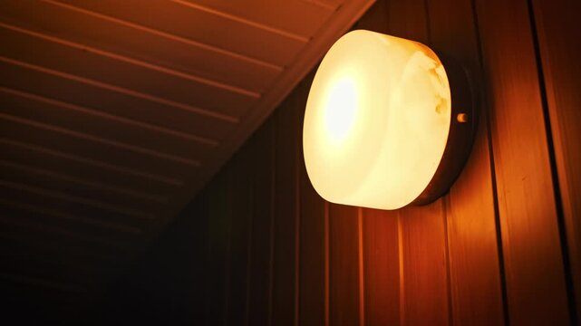 Low angle view of a round wall lamp with a frosted glass shade emitting warm light. The fixture is mounted on a dark paneled wall near the ceiling to show texture.