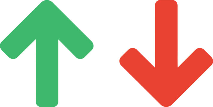 Green up arrow and red down arrow symbols for business growth and decline analysis