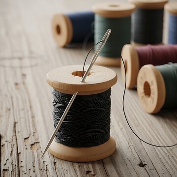 Metal Needle Resting on Black Thread Spool on Rustic Wooden Table