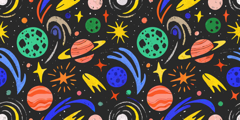Space themed vector pattern with planets stars and comets on black background © Gita
