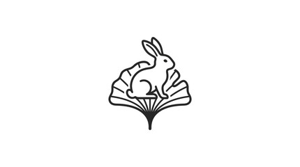 Minimalist line art logo featuring a rabbit sitting on a ginkgo leaf. © inakaya