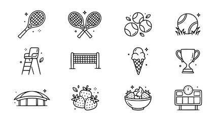 Obraz premium Tennis Icons Set: Rackets, Balls, Court, Trophy, Ice Cream, Strawberries, Stadium