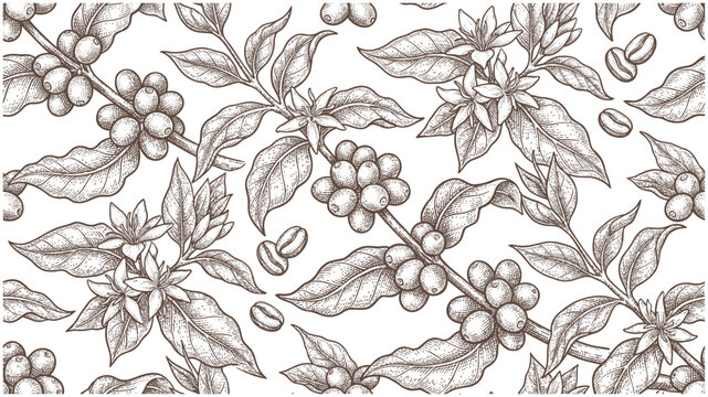 Elegant seamless pattern of coffee plant with leaves and beans on a cream background.