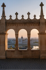 Fototapeta premium Scenic view of the Hungarian Parliament at sunset from Fisherman Bastion in Budapest